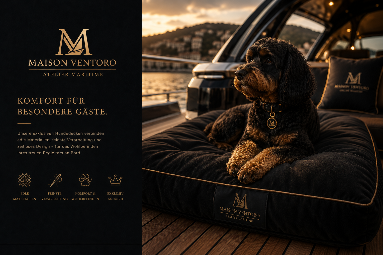 Hund auf exklusiver Hundedecke an Bord einer Yacht