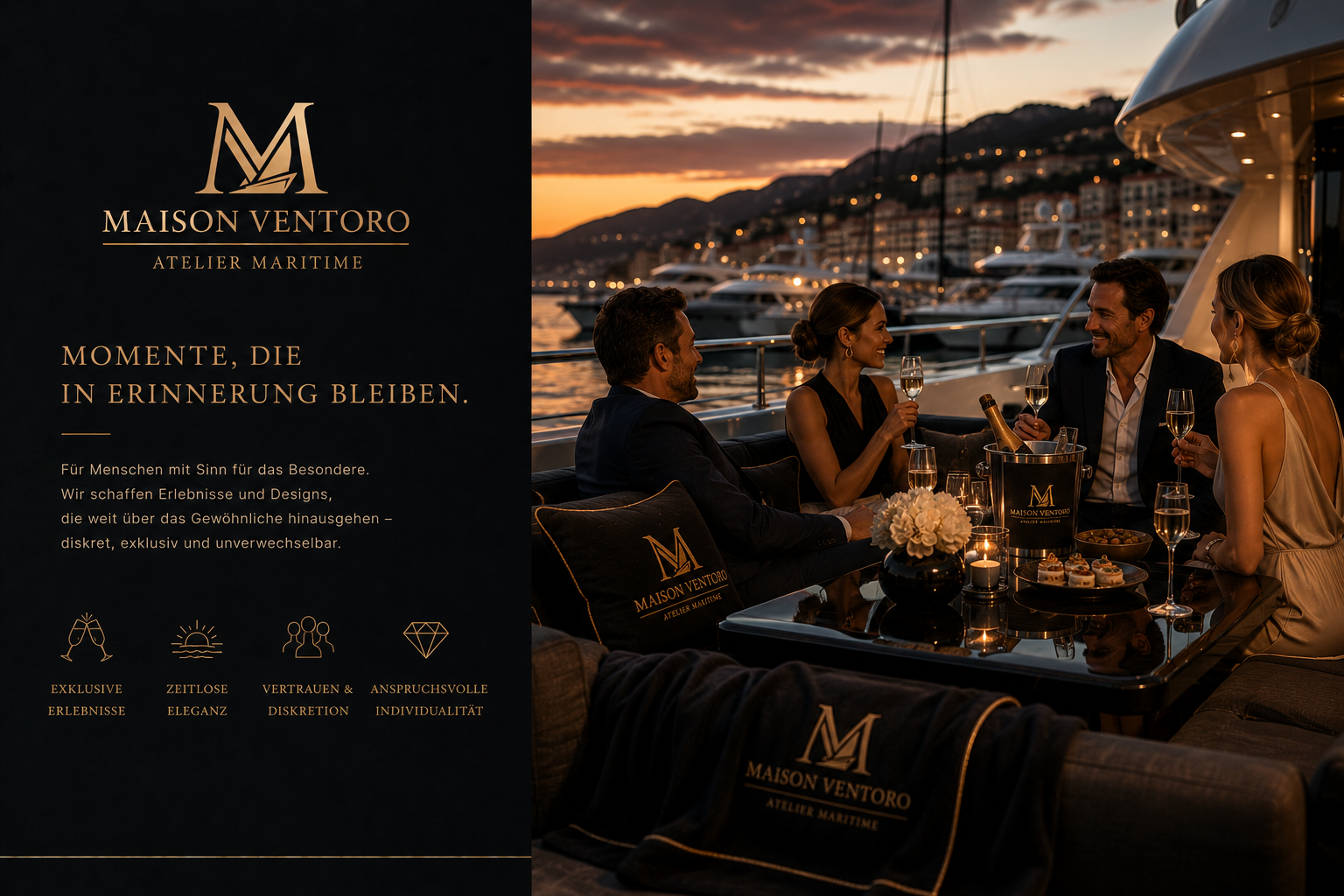 Elegante Gäste auf einer Yacht bei Sonnenuntergang
