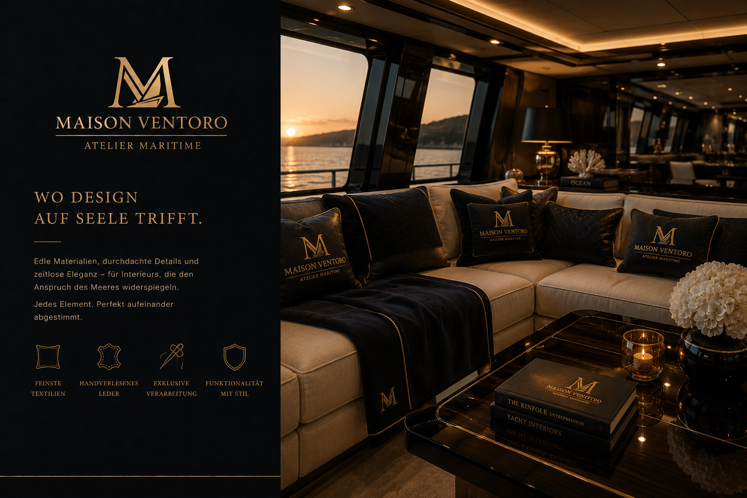 Luxuriöser Yacht-Salon mit Maison-Ventoro-Textilien